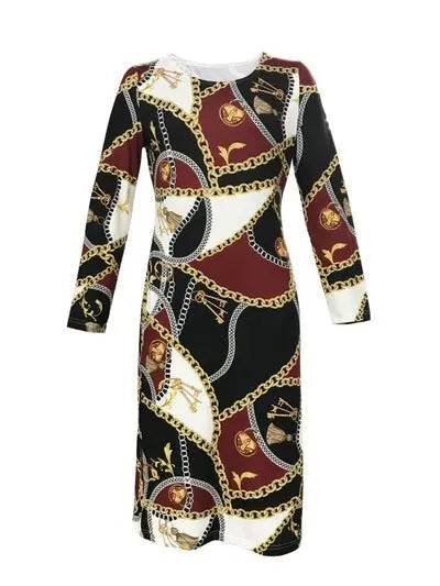 Printed Round Neck Long Sleeve Midi Dress Trendsi