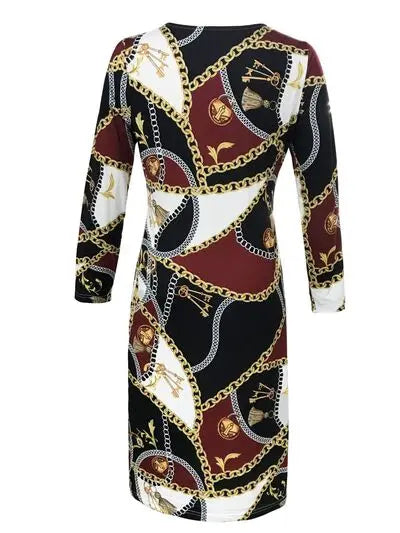 Printed Round Neck Long Sleeve Midi Dress Trendsi