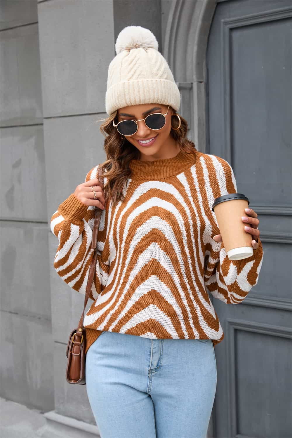 Printed Round Neck Long Sleeve Pullover Sweater BLUE ZONE PLANET