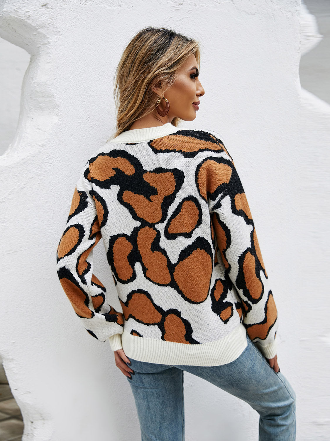Printed Round Neck Long Sleeve Sweater BLUE ZONE PLANET
