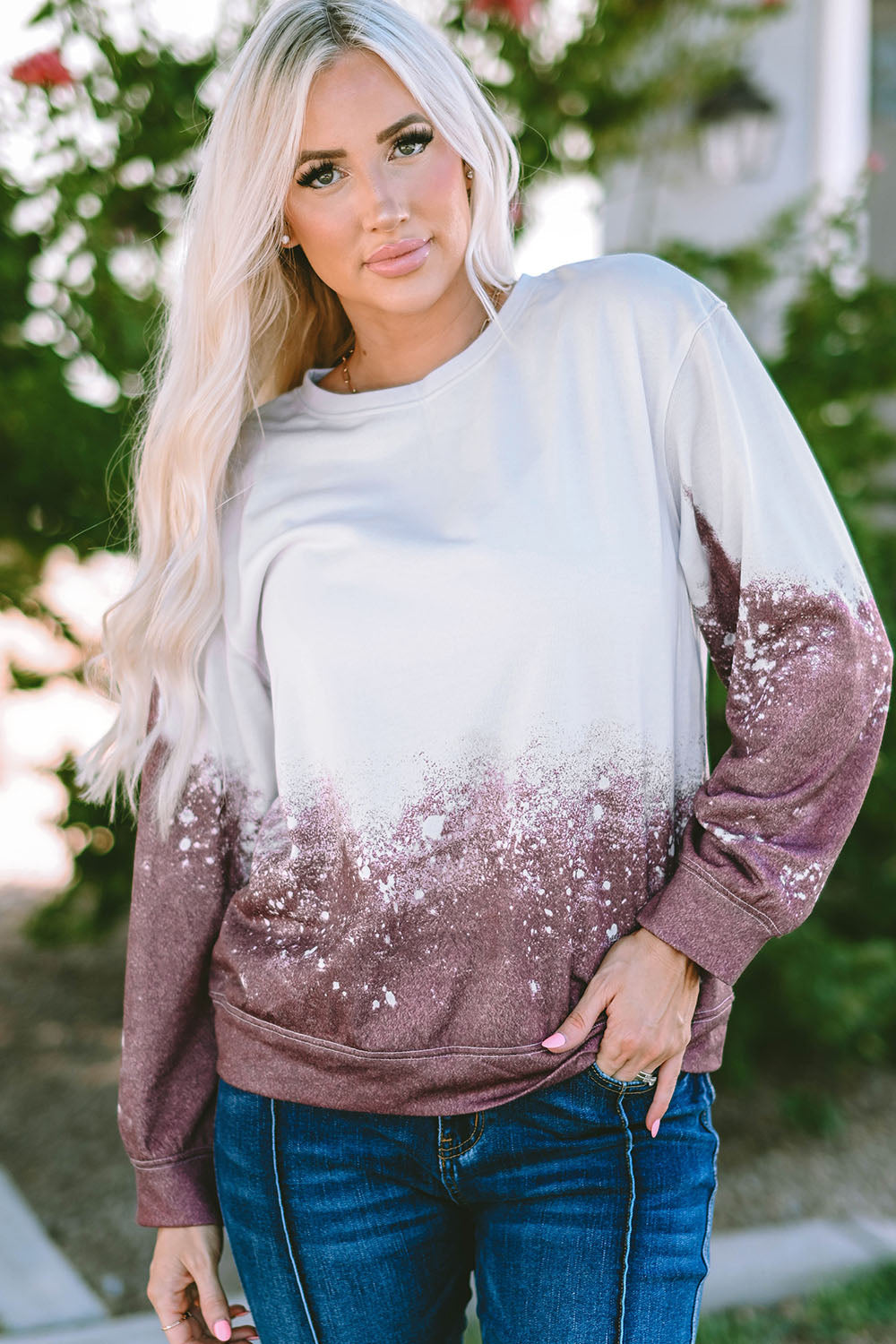 Printed Round Neck Long Sleeve Sweatshirt BLUE ZONE PLANET