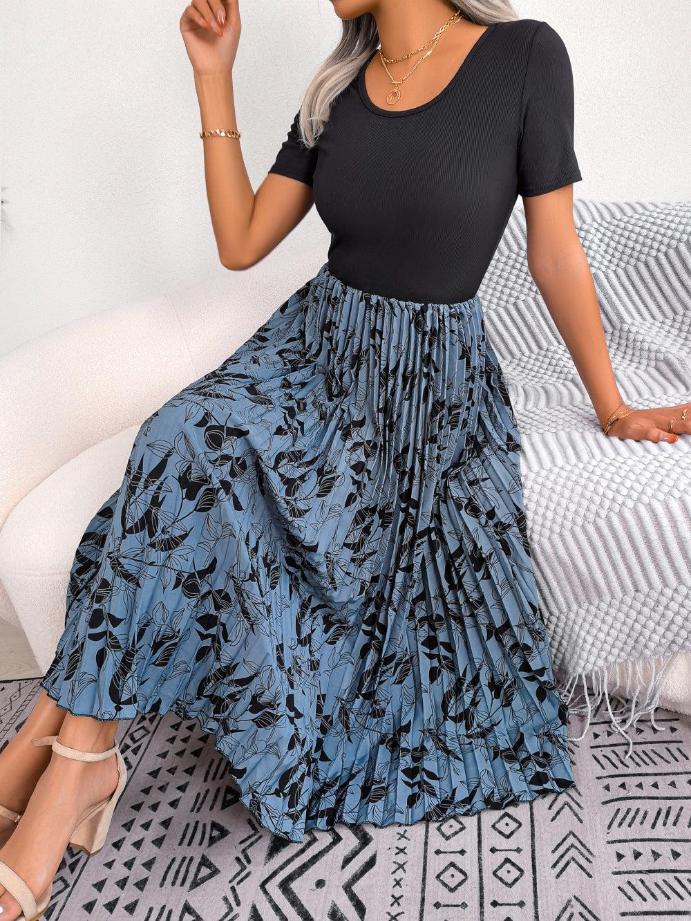 Printed Round Neck Pleated Dress BLUE ZONE PLANET