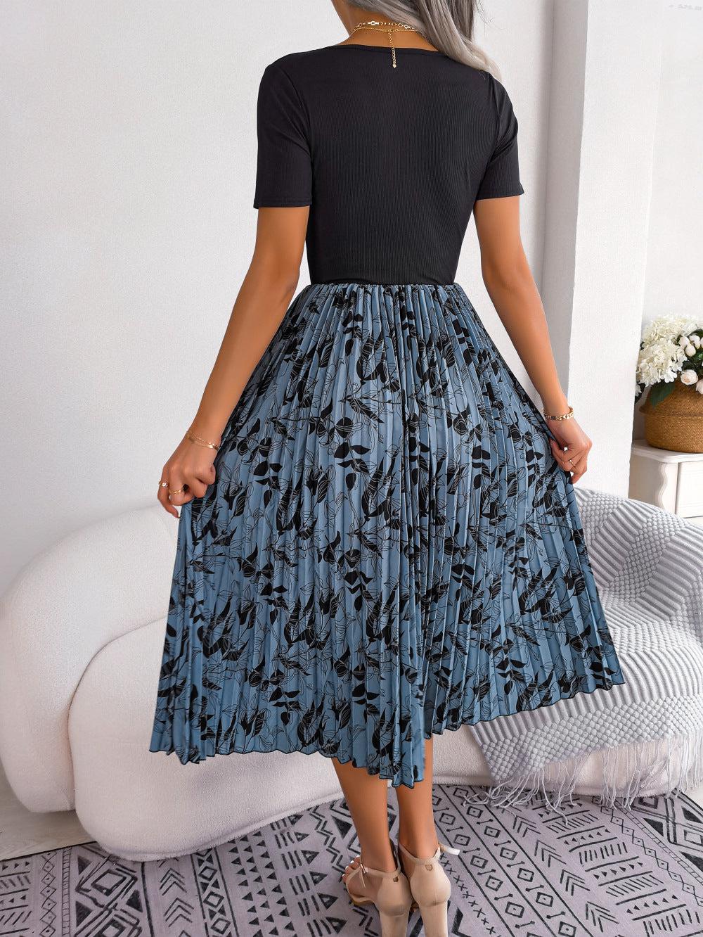 Printed Round Neck Pleated Dress BLUE ZONE PLANET