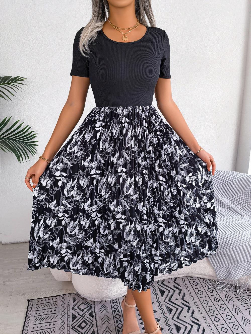 Printed Round Neck Pleated Dress BLUE ZONE PLANET