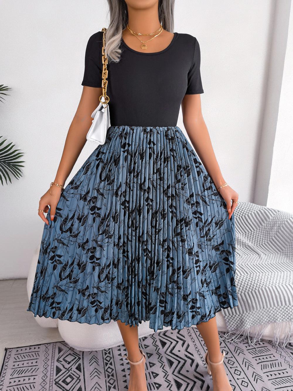 Printed Round Neck Pleated Dress BLUE ZONE PLANET
