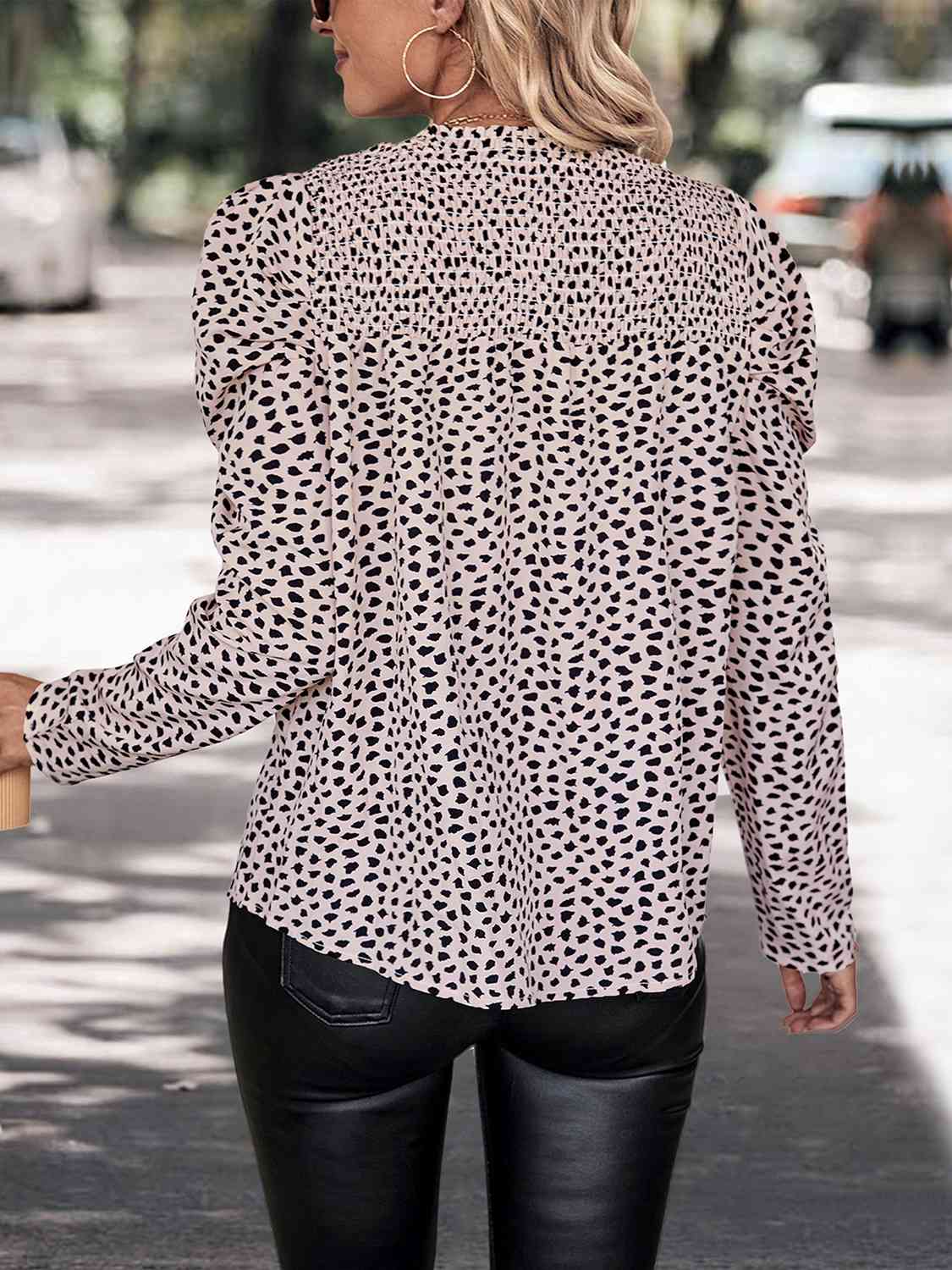 Printed Round Neck Puff Sleeve Blouse BLUE ZONE PLANET