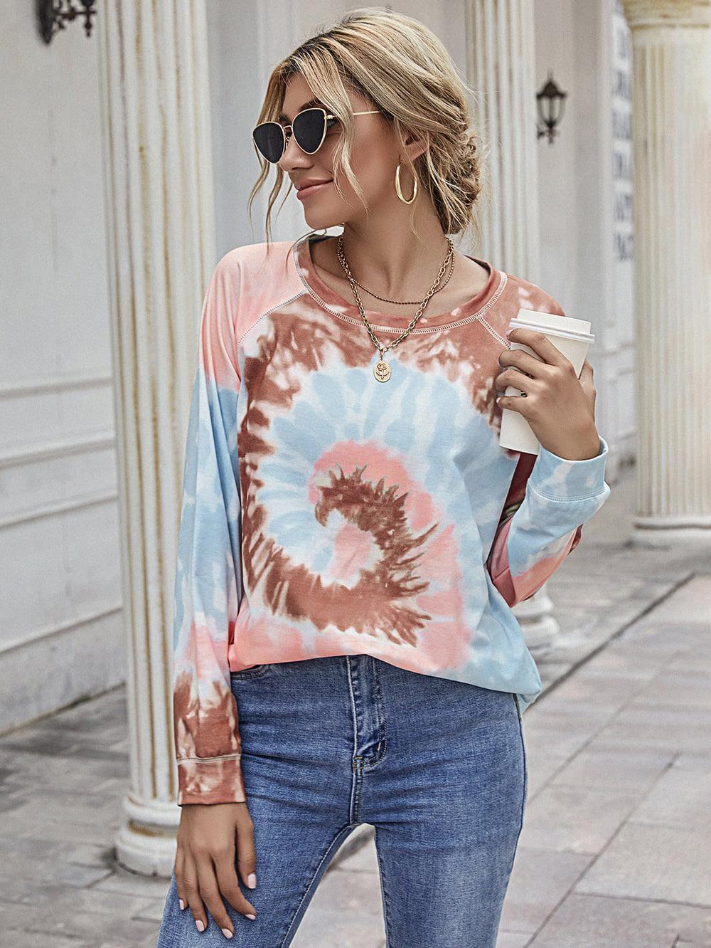 Printed Round Neck Raglan Sleeve Tee BLUE ZONE PLANET