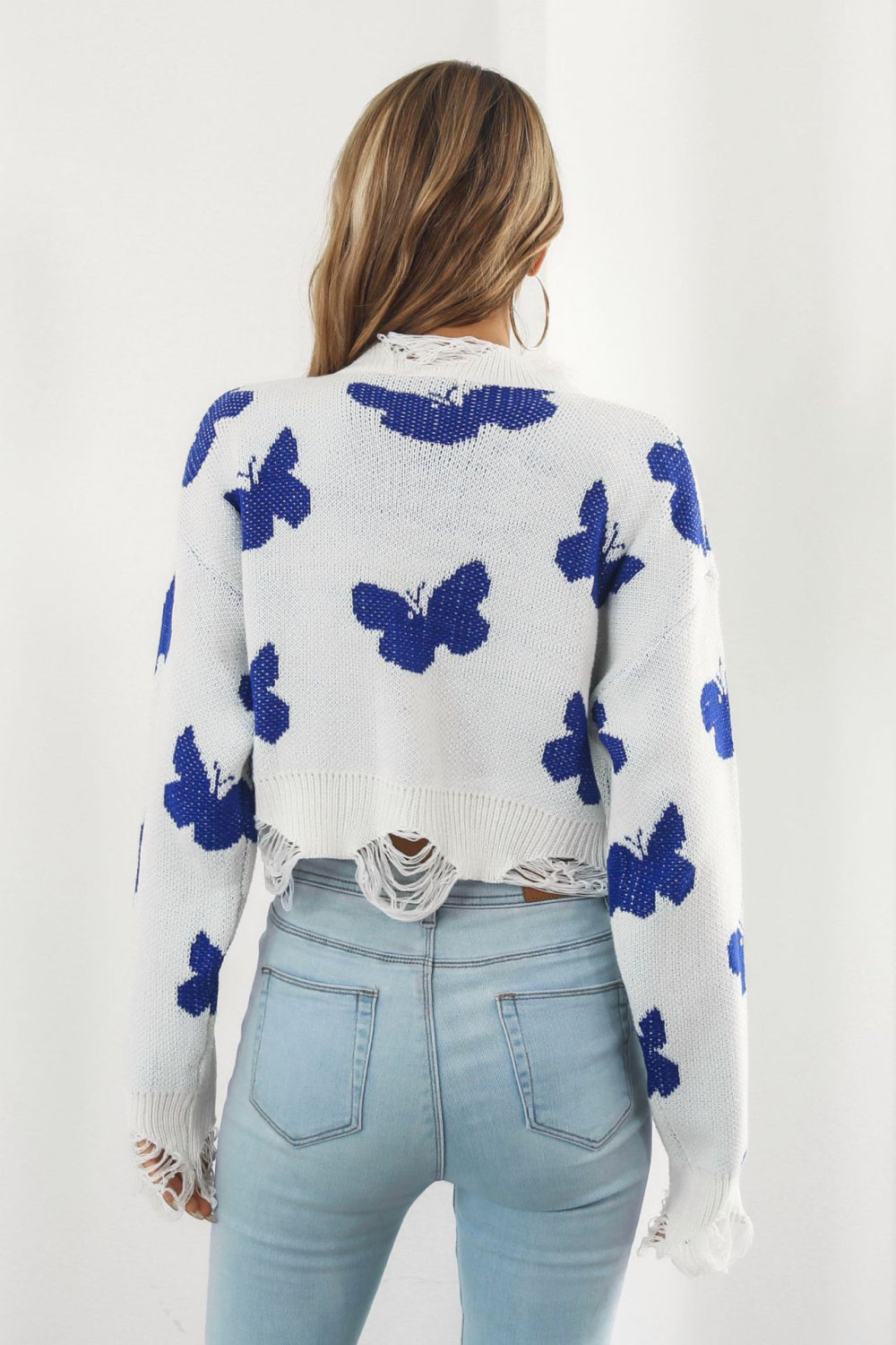 Printed Round Neck Ribbed Long Sleeve Sweater BLUE ZONE PLANET