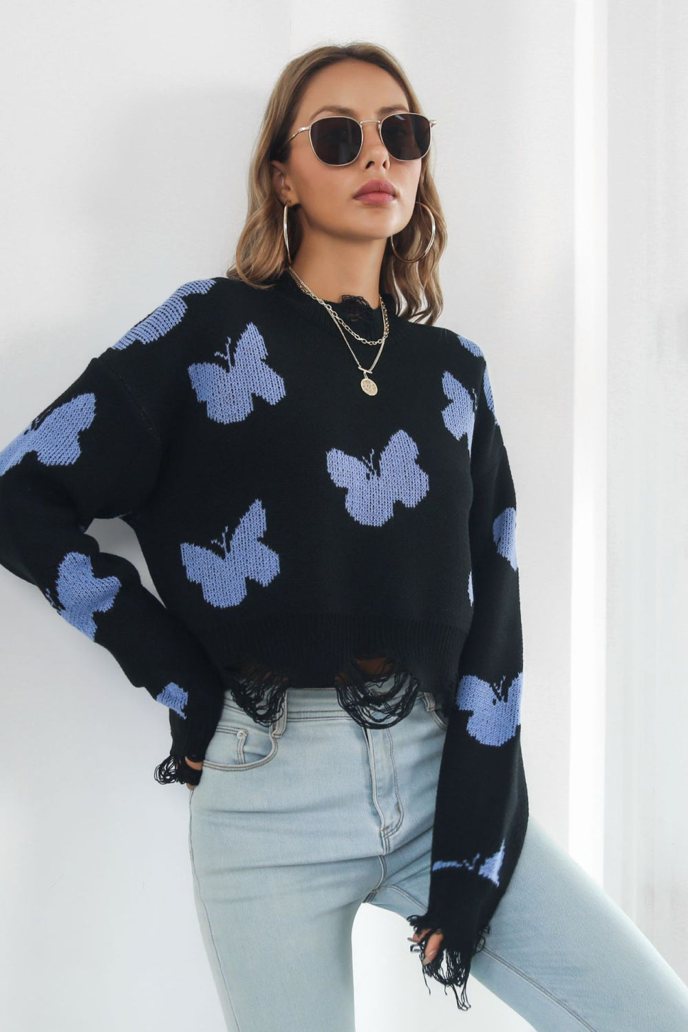 Printed Round Neck Ribbed Long Sleeve Sweater BLUE ZONE PLANET