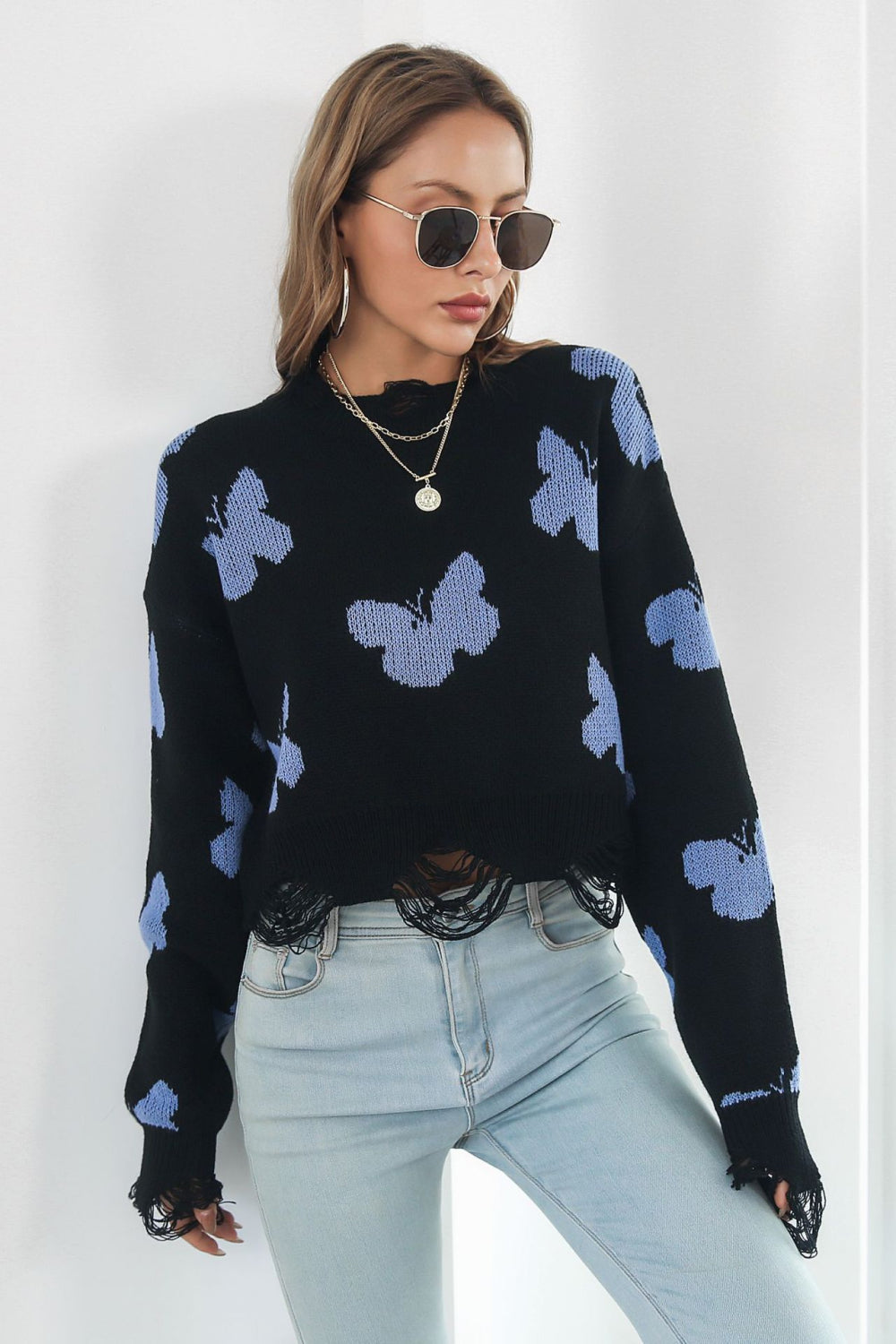 Printed Round Neck Ribbed Long Sleeve Sweater BLUE ZONE PLANET