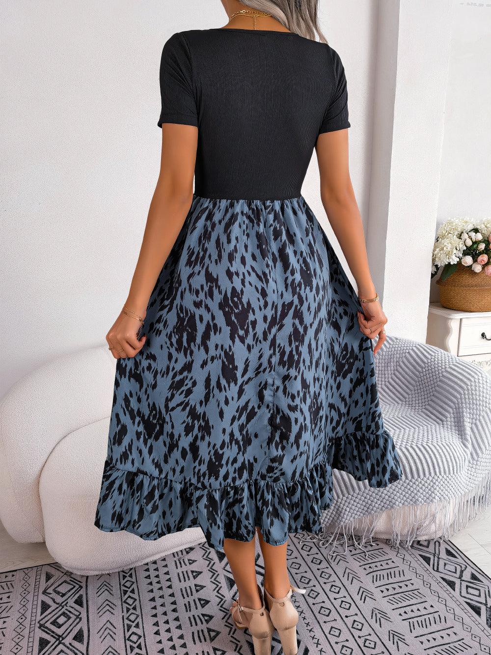 Printed Round Neck Ruffle Hem Dress BLUE ZONE PLANET