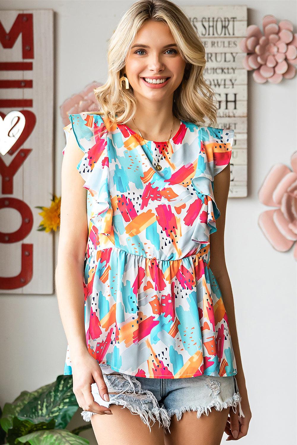 Printed Round Neck Ruffled Peplum Top BLUE ZONE PLANET