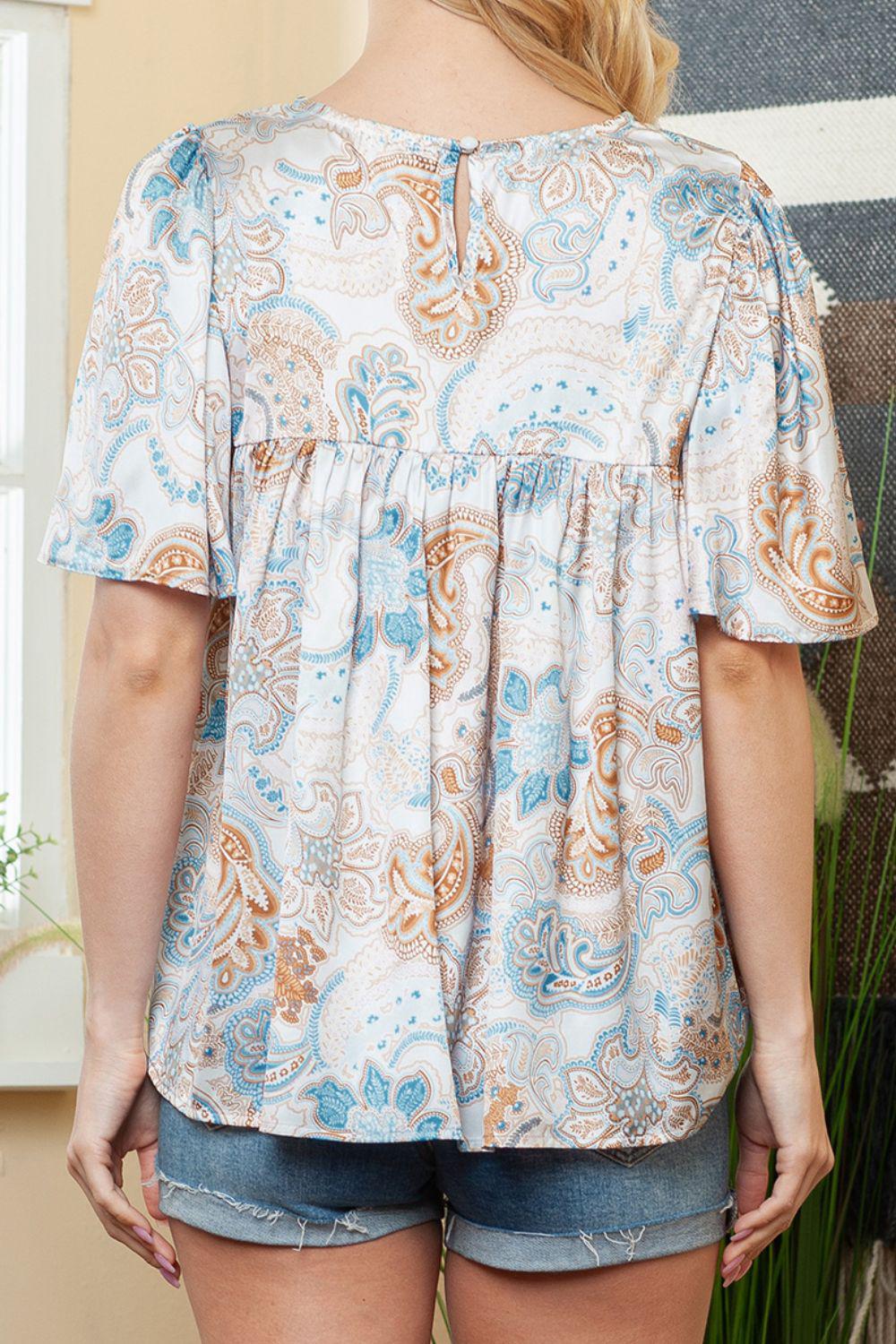 Printed Round Neck Short Sleeve Blouse BLUE ZONE PLANET