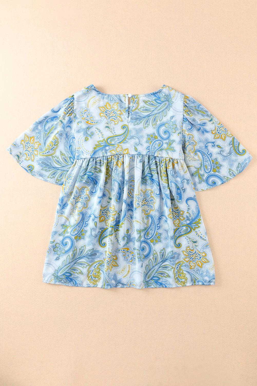 Printed Round Neck Short Sleeve Blouse BLUE ZONE PLANET