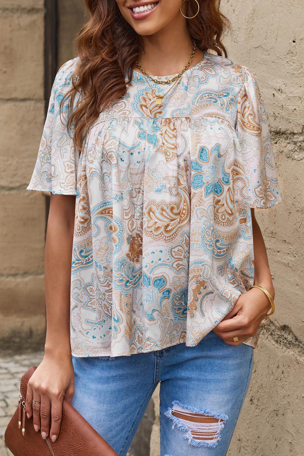 Printed Round Neck Short Sleeve Blouse BLUE ZONE PLANET