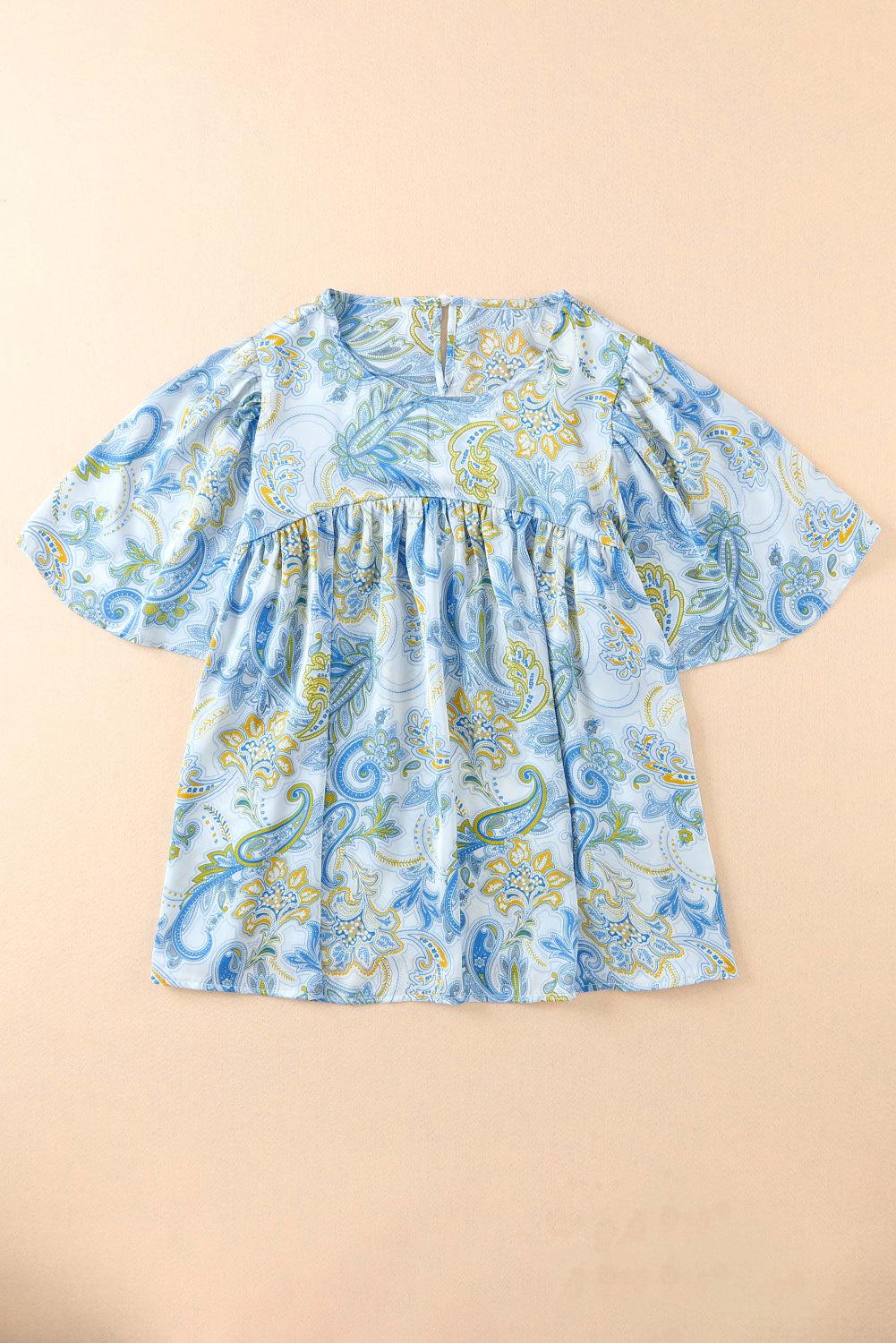 Printed Round Neck Short Sleeve Blouse BLUE ZONE PLANET