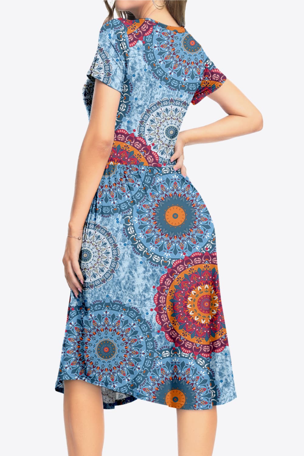 Printed Round Neck Short Sleeve Dress with Pockets BLUE ZONE PLANET