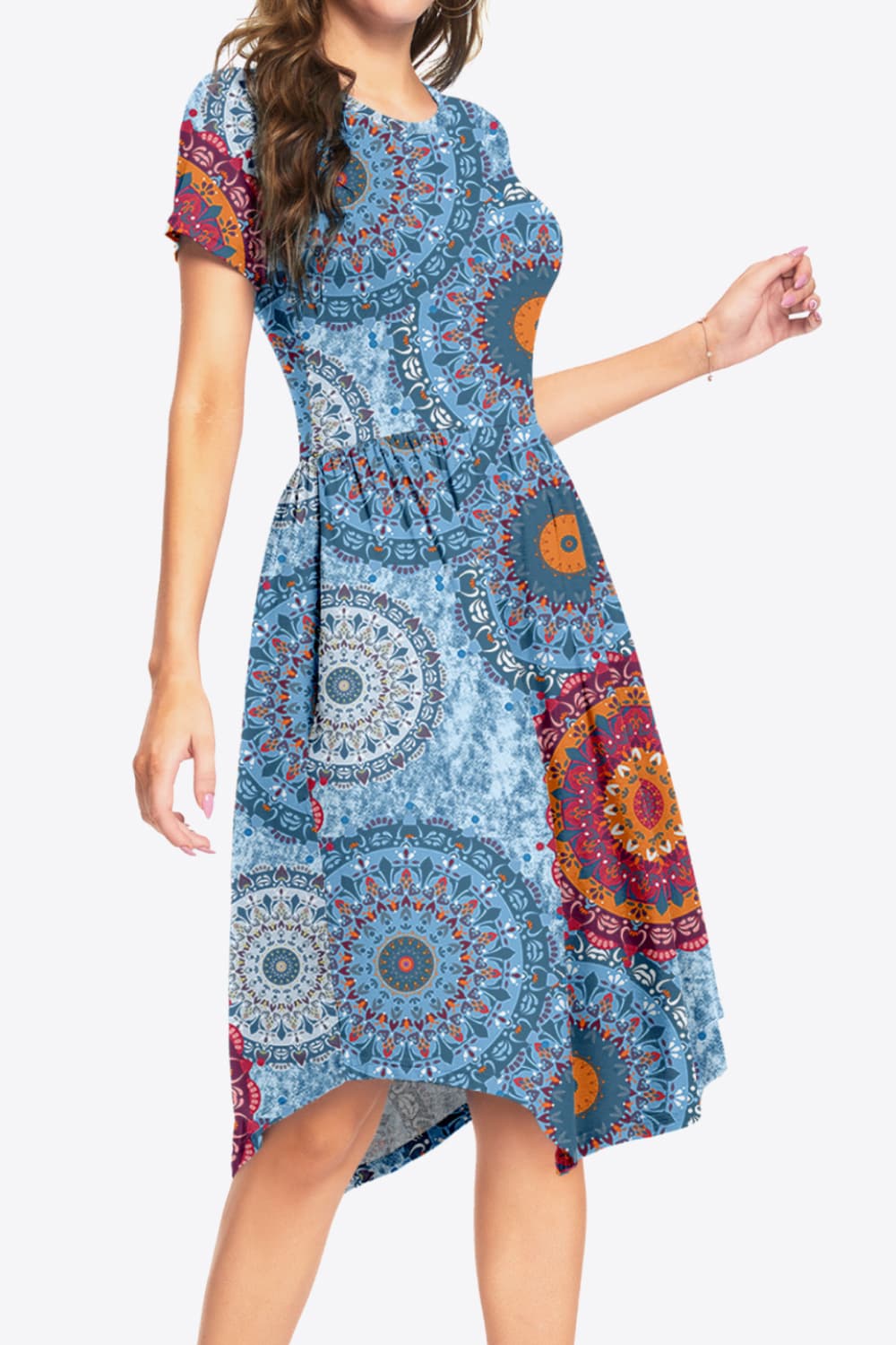 Printed Round Neck Short Sleeve Dress with Pockets BLUE ZONE PLANET