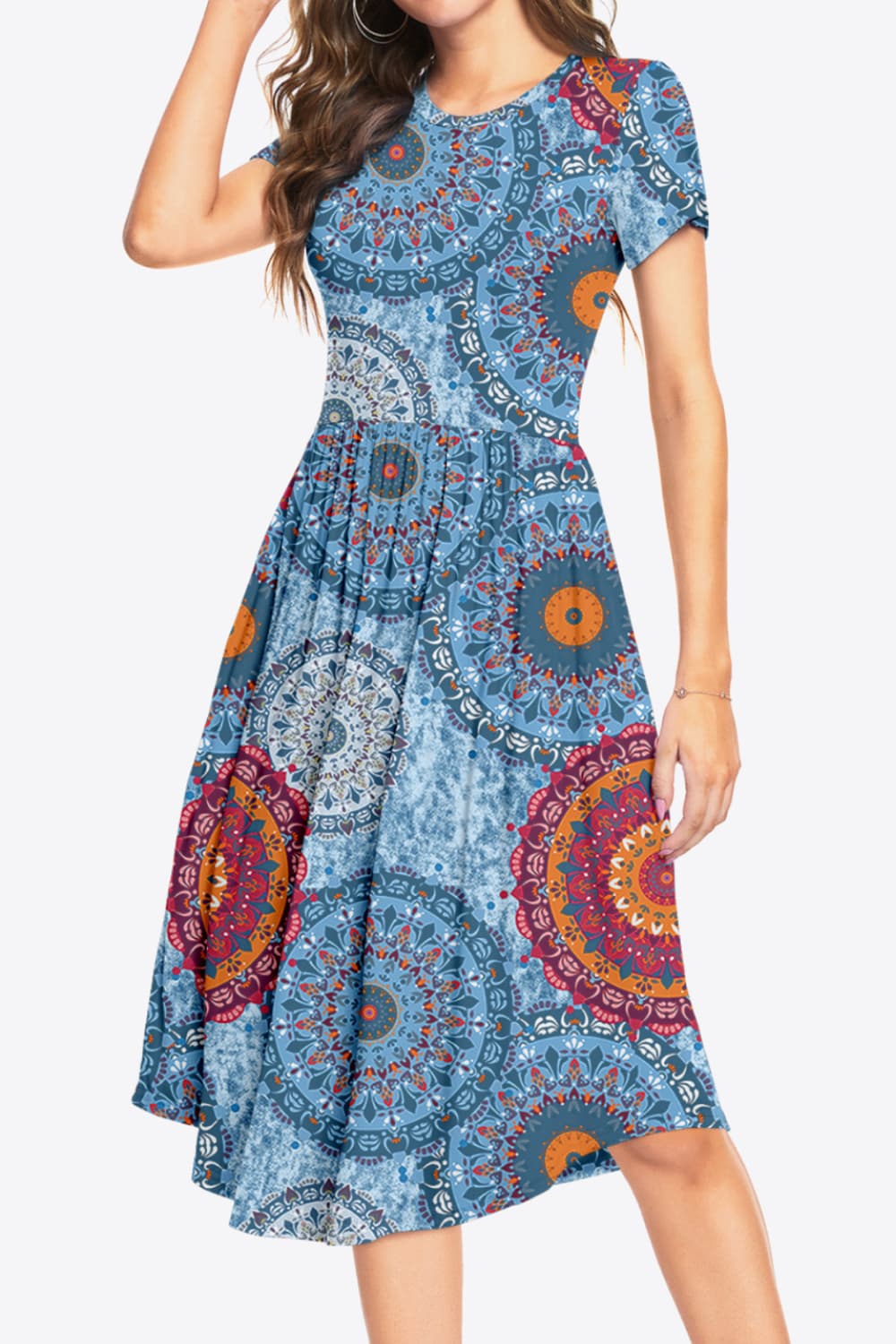 Printed Round Neck Short Sleeve Dress with Pockets BLUE ZONE PLANET