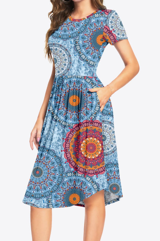 Printed Round Neck Short Sleeve Dress with Pockets BLUE ZONE PLANET