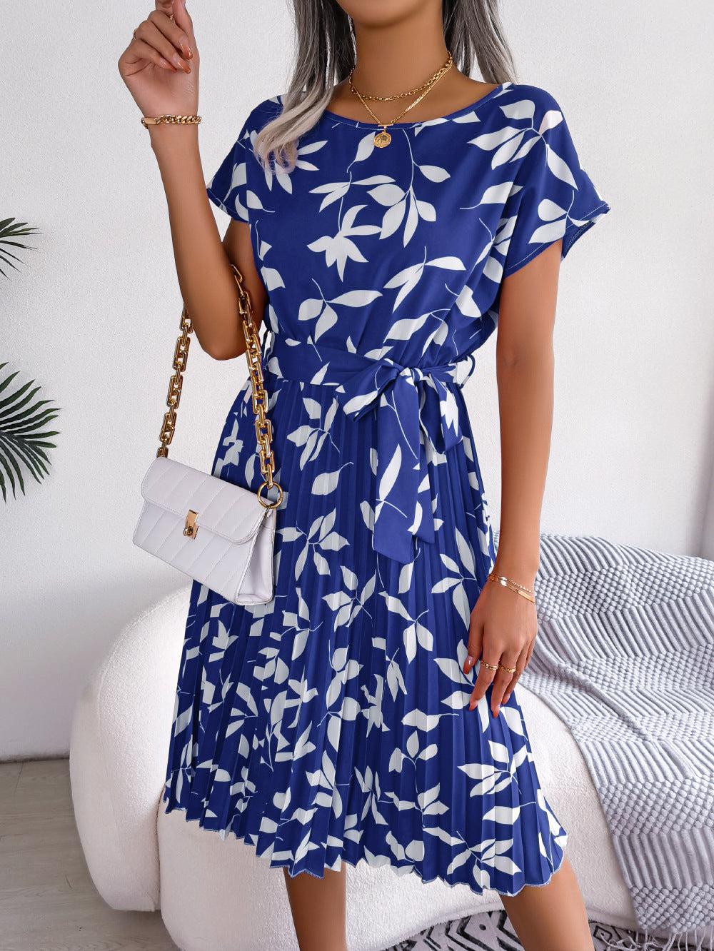 Printed Round Neck Short Sleeve Pleated Dress BLUE ZONE PLANET