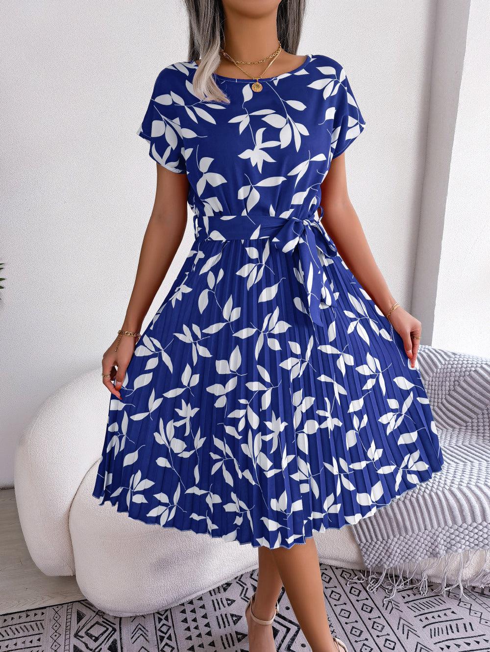 Printed Round Neck Short Sleeve Pleated Dress BLUE ZONE PLANET