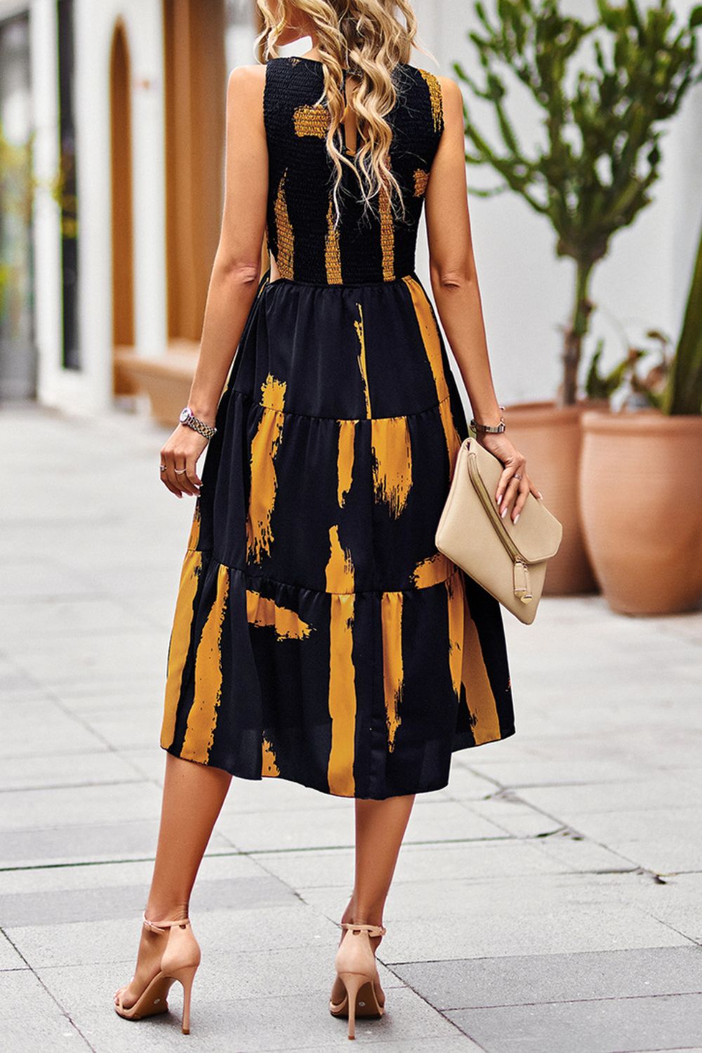 Printed Round Neck Slit Sleeveless Dress BLUE ZONE PLANET