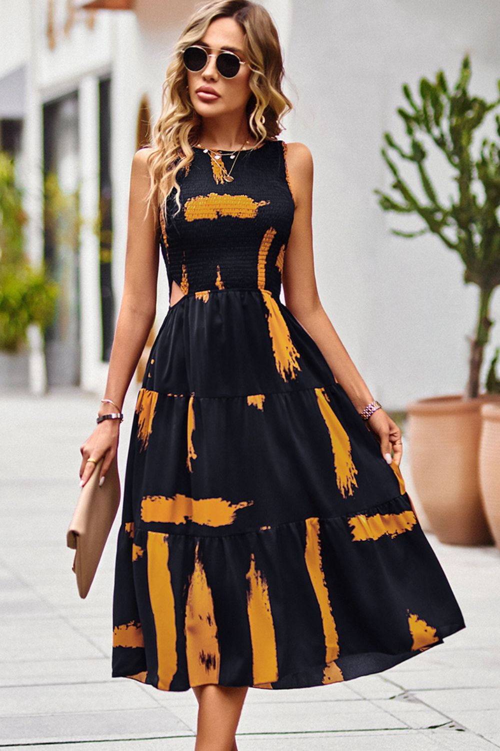 Printed Round Neck Slit Sleeveless Dress BLUE ZONE PLANET