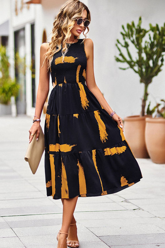 Printed Round Neck Slit Sleeveless Dress BLUE ZONE PLANET