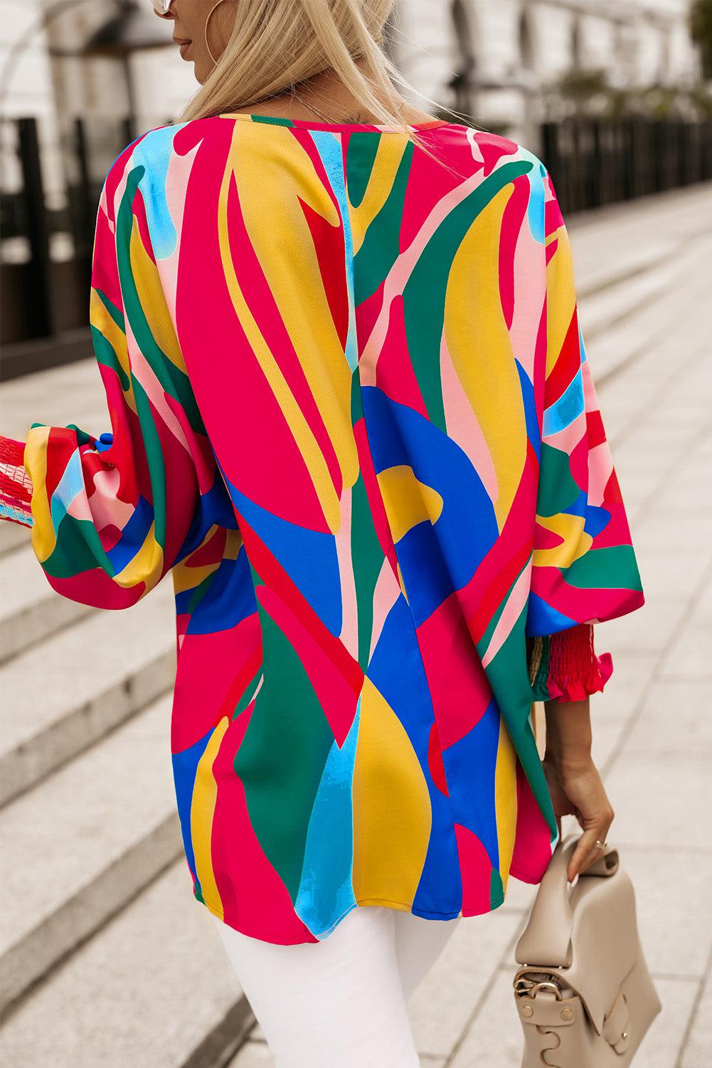 Printed Round Neck Smocked Wrist Lantern Sleeve Blouse BLUE ZONE PLANET