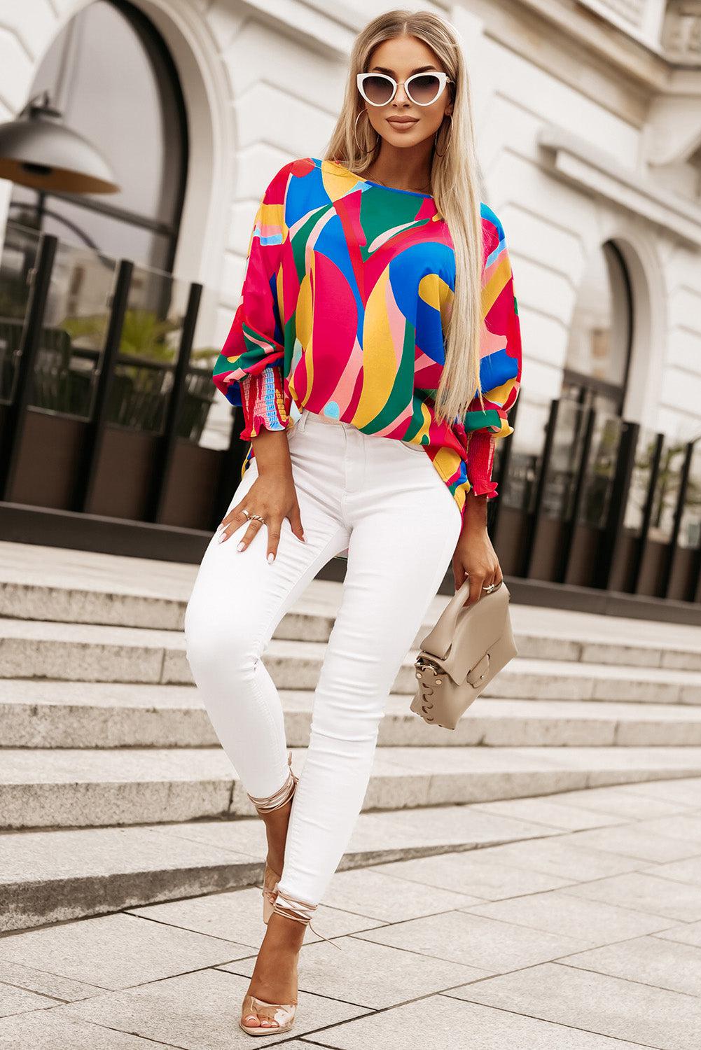 Printed Round Neck Smocked Wrist Lantern Sleeve Blouse BLUE ZONE PLANET