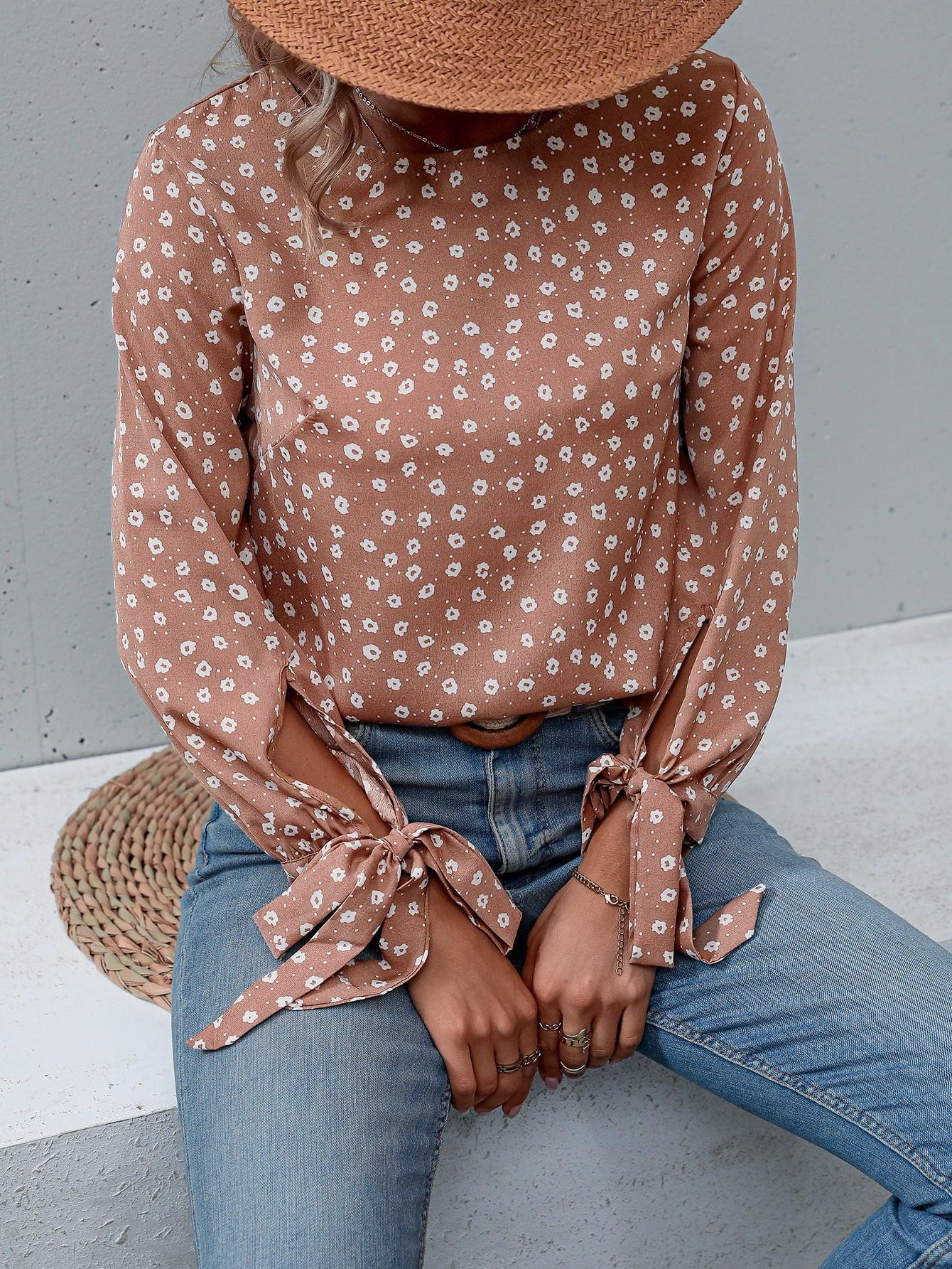 Printed Round Neck Tie Cuff Blouse BLUE ZONE PLANET