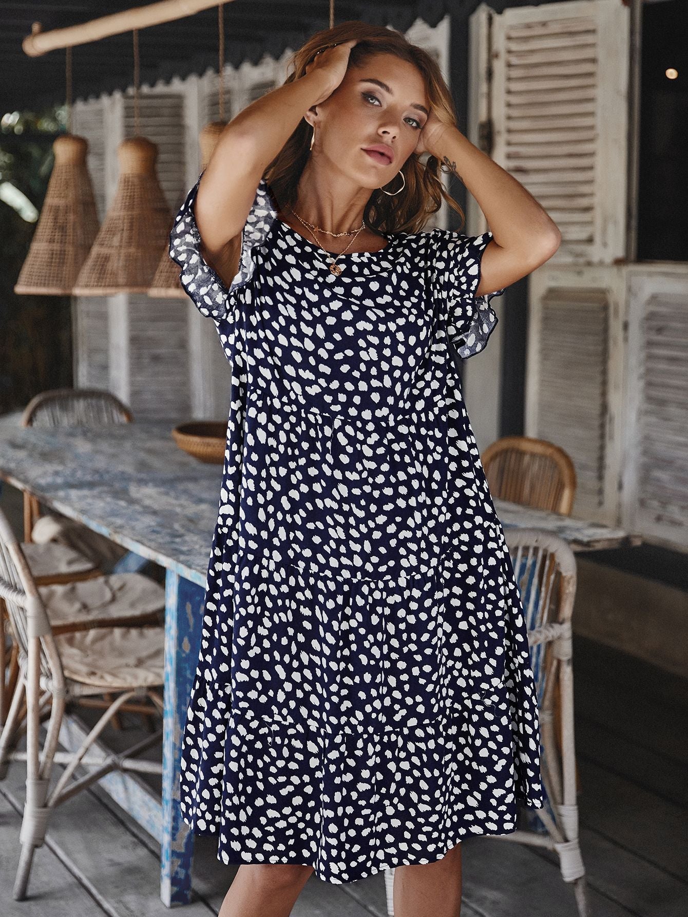 Printed Round Neck Tiered Dress BLUE ZONE PLANET