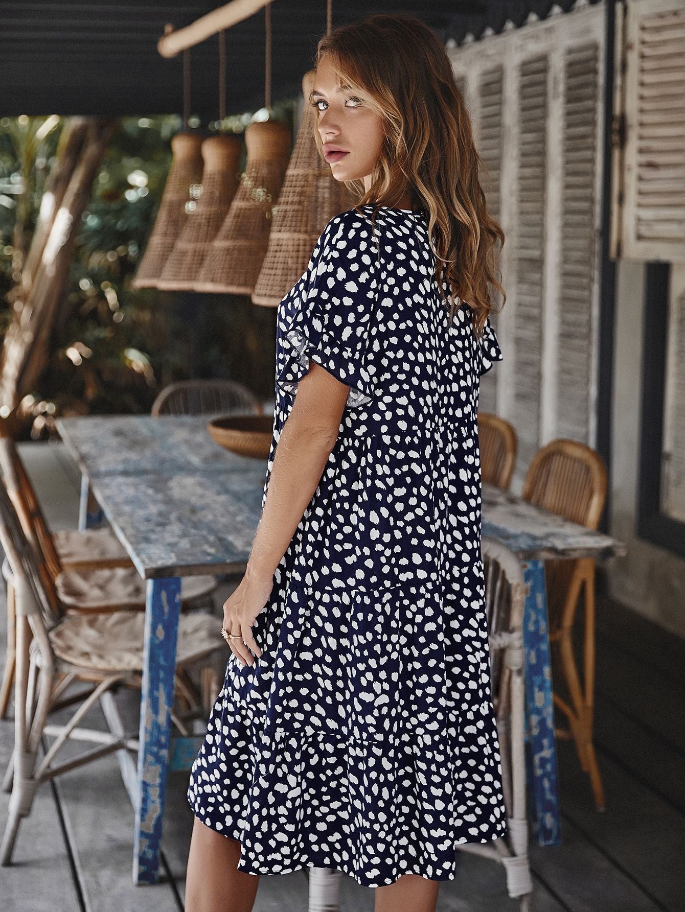 Printed Round Neck Tiered Dress BLUE ZONE PLANET