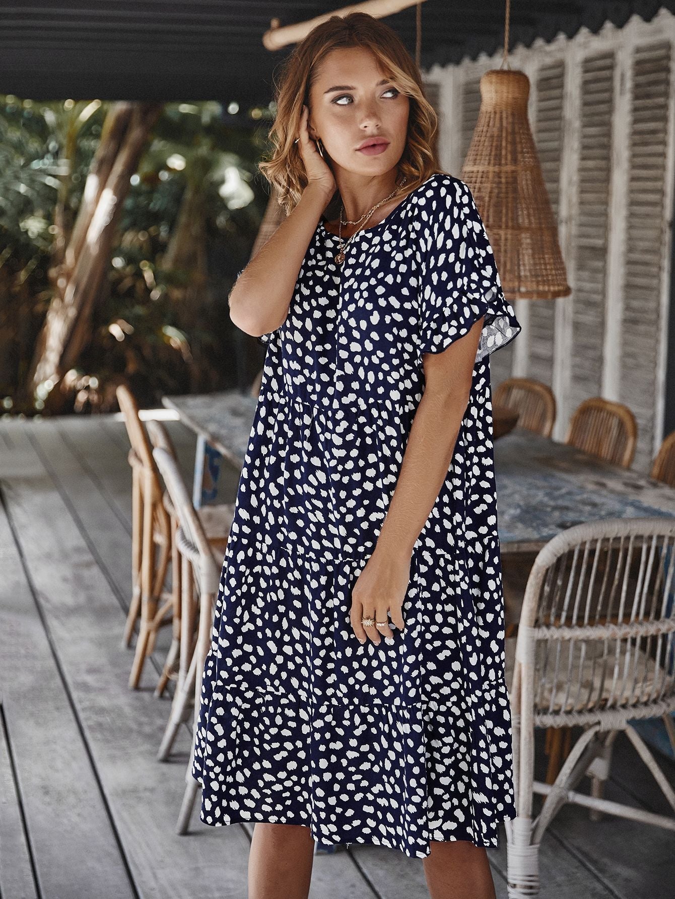 Printed Round Neck Tiered Dress BLUE ZONE PLANET