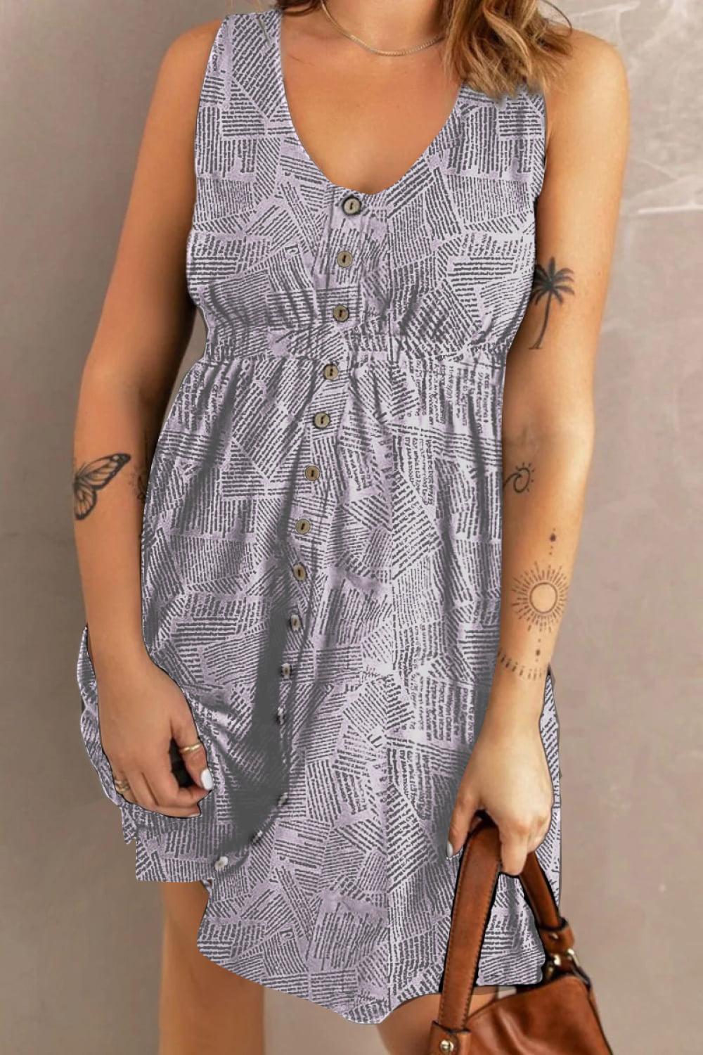 Printed Scoop Neck Sleeveless Buttoned Magic Dress BLUE ZONE PLANET