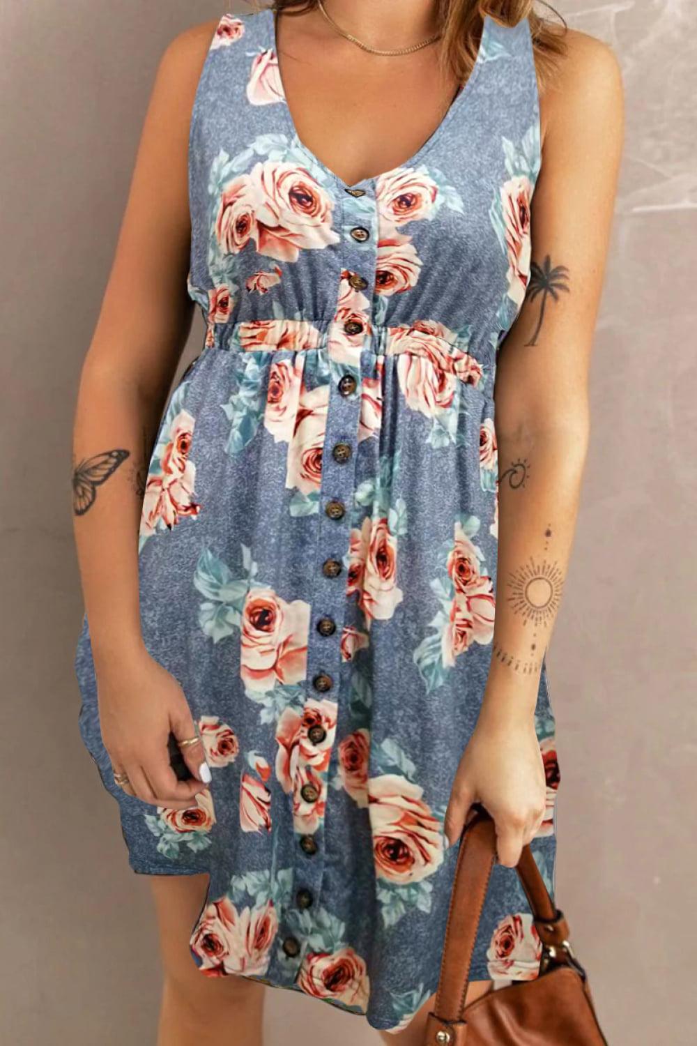 Printed Scoop Neck Sleeveless Buttoned Magic Dress BLUE ZONE PLANET