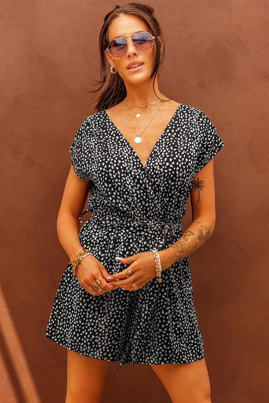 Printed Short Sleeve Romper with Belt BLUE ZONE PLANET