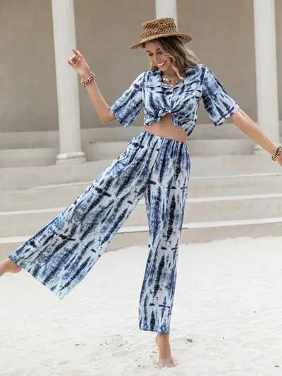 Printed Short Sleeve Shirt and Pants Set Trendsi