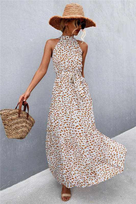 Printed Sleeveless Tie Waist Maxi Dress BLUE ZONE PLANET