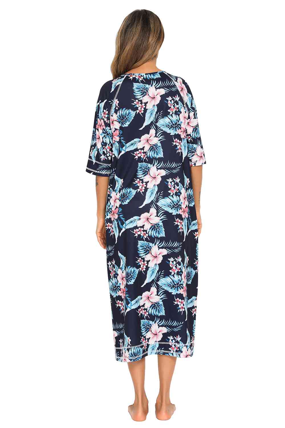 Printed Slit Night Dress with Pockets BLUE ZONE PLANET