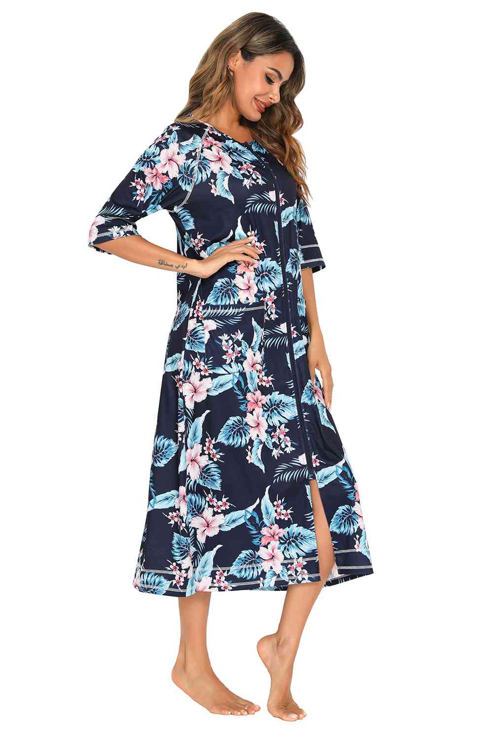 Printed Slit Night Dress with Pockets BLUE ZONE PLANET