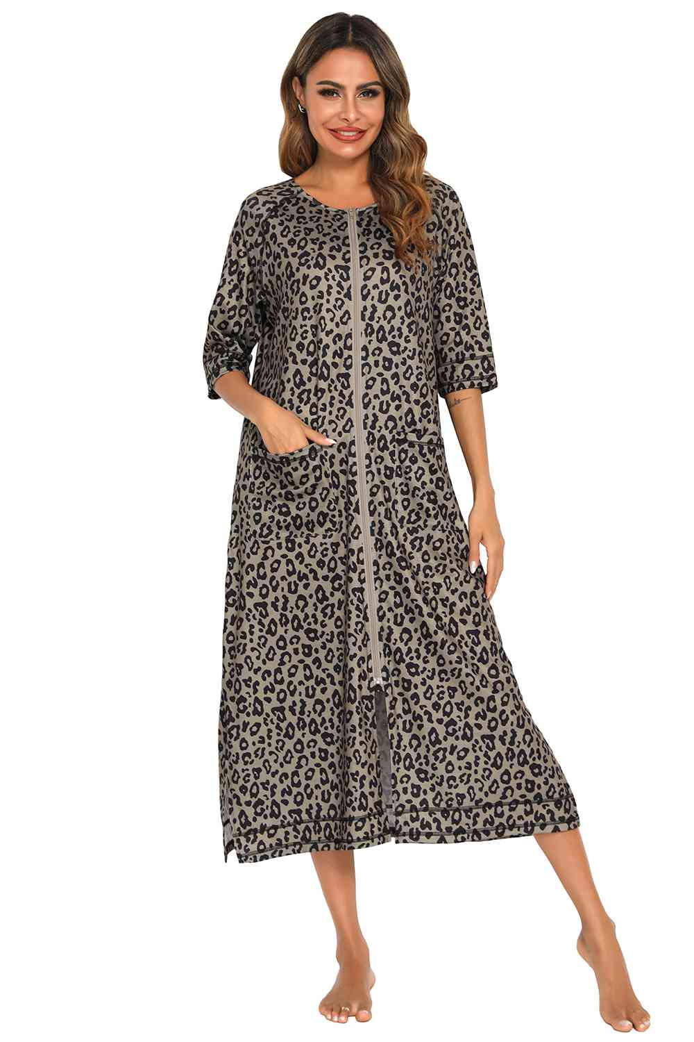 Printed Slit Night Dress with Pockets BLUE ZONE PLANET