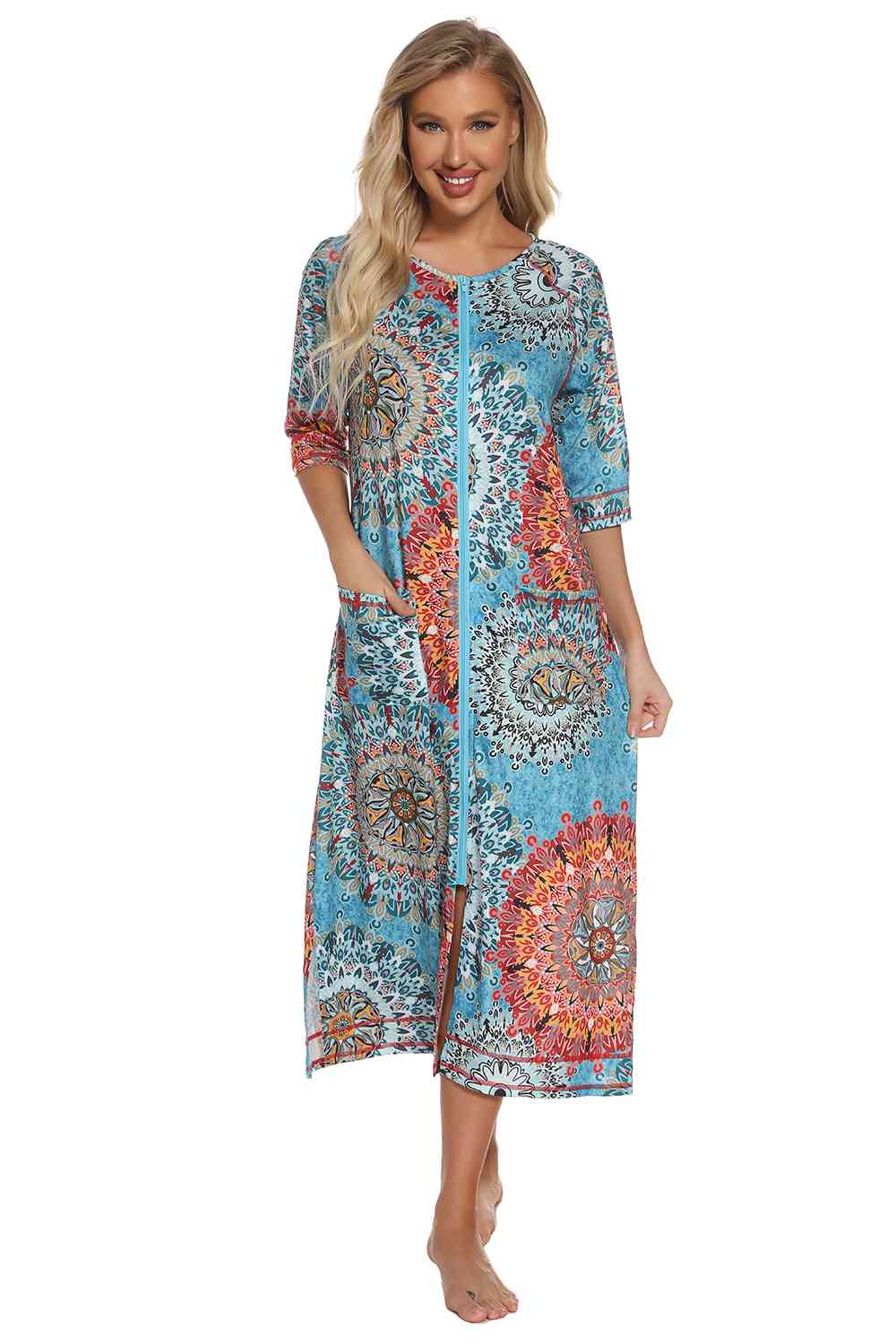 Printed Slit Night Dress with Pockets BLUE ZONE PLANET