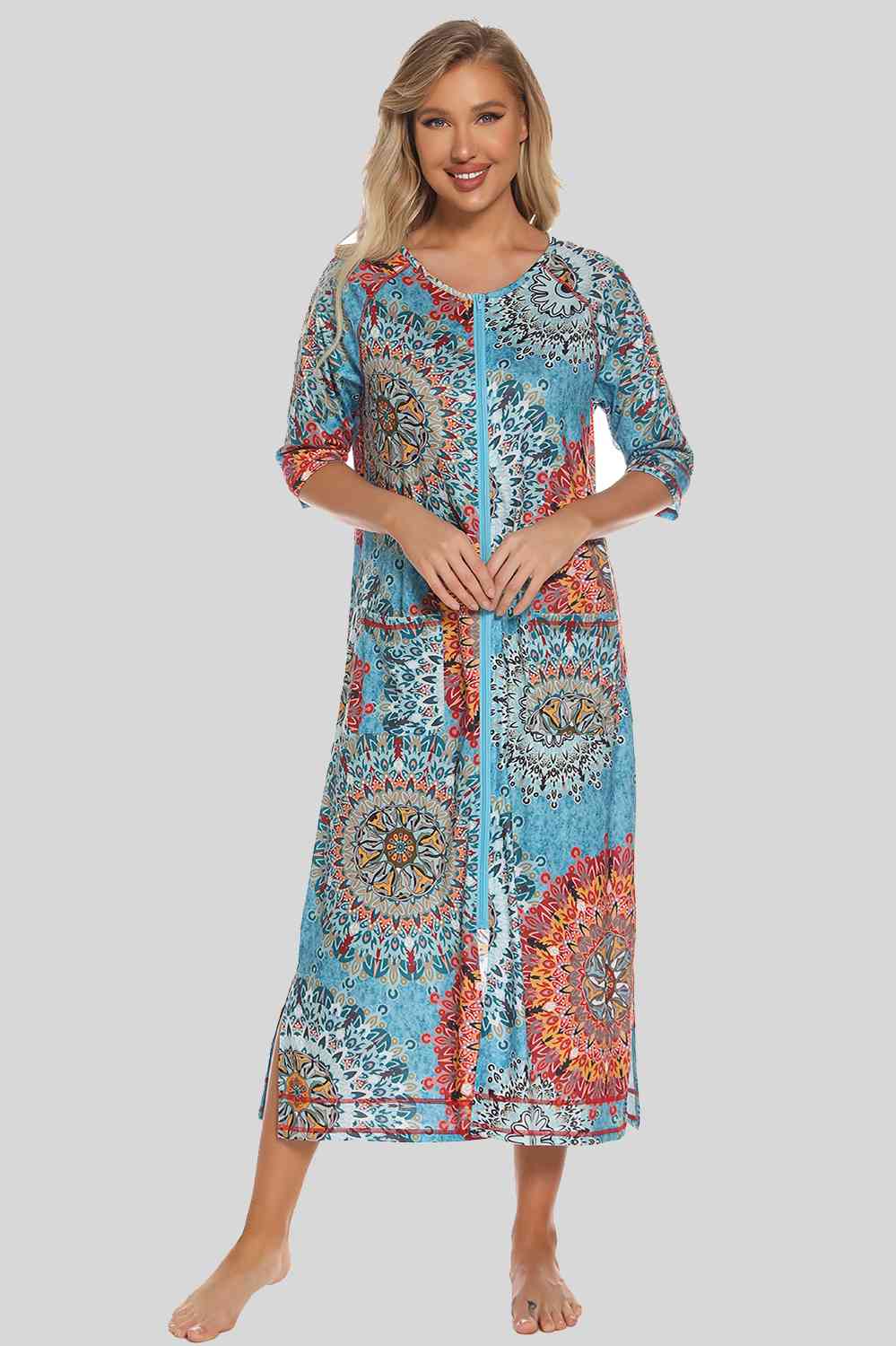 Printed Slit Night Dress with Pockets BLUE ZONE PLANET