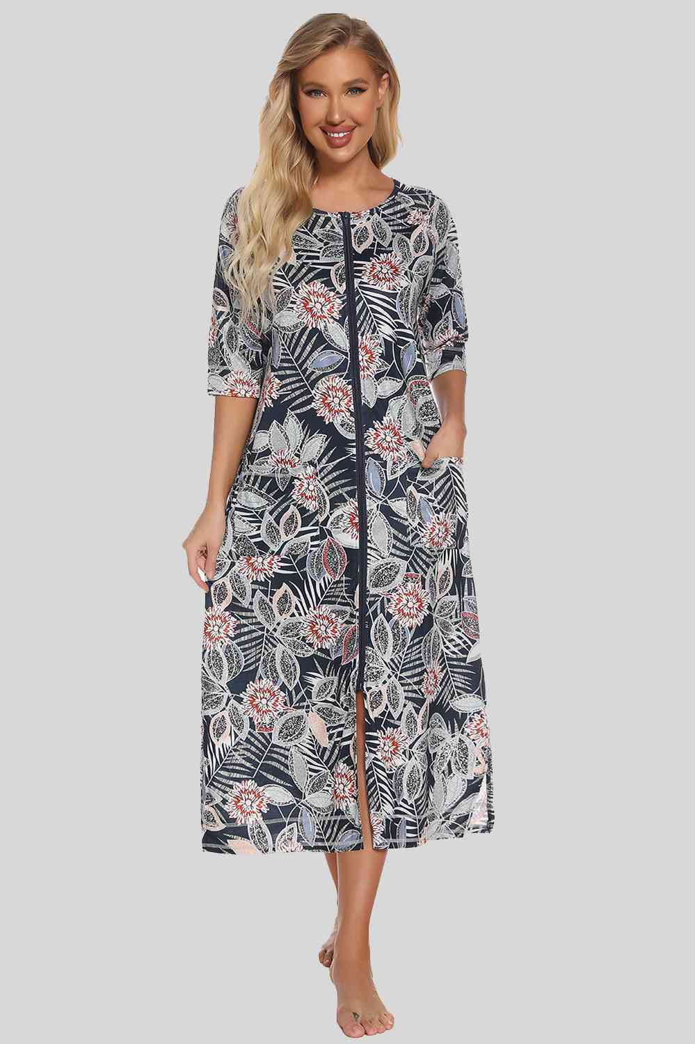 Printed Slit Night Dress with Pockets BLUE ZONE PLANET