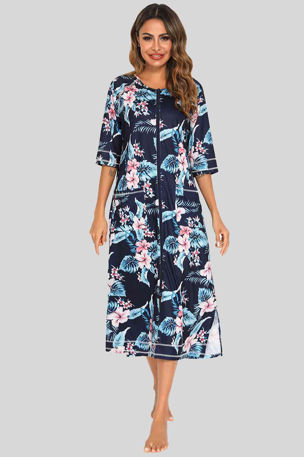 Printed Slit Night Dress with Pockets BLUE ZONE PLANET