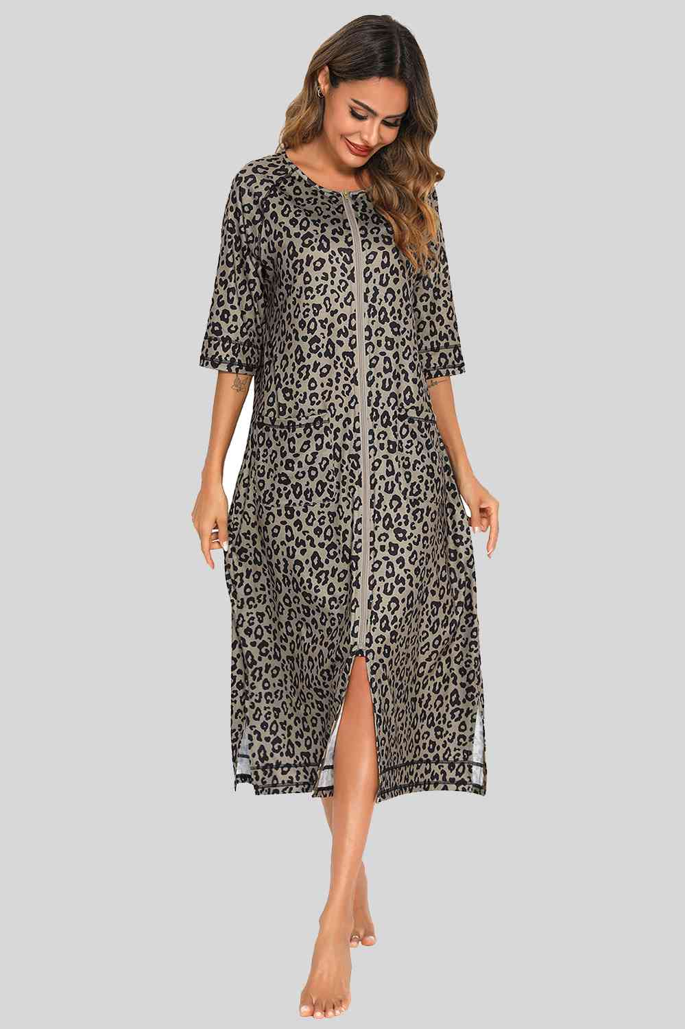 Printed Slit Night Dress with Pockets BLUE ZONE PLANET