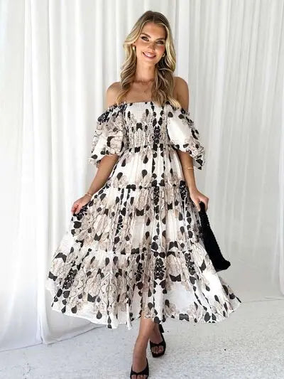 Printed Smocked Off-Shoulder Tiered Dress Trendsi