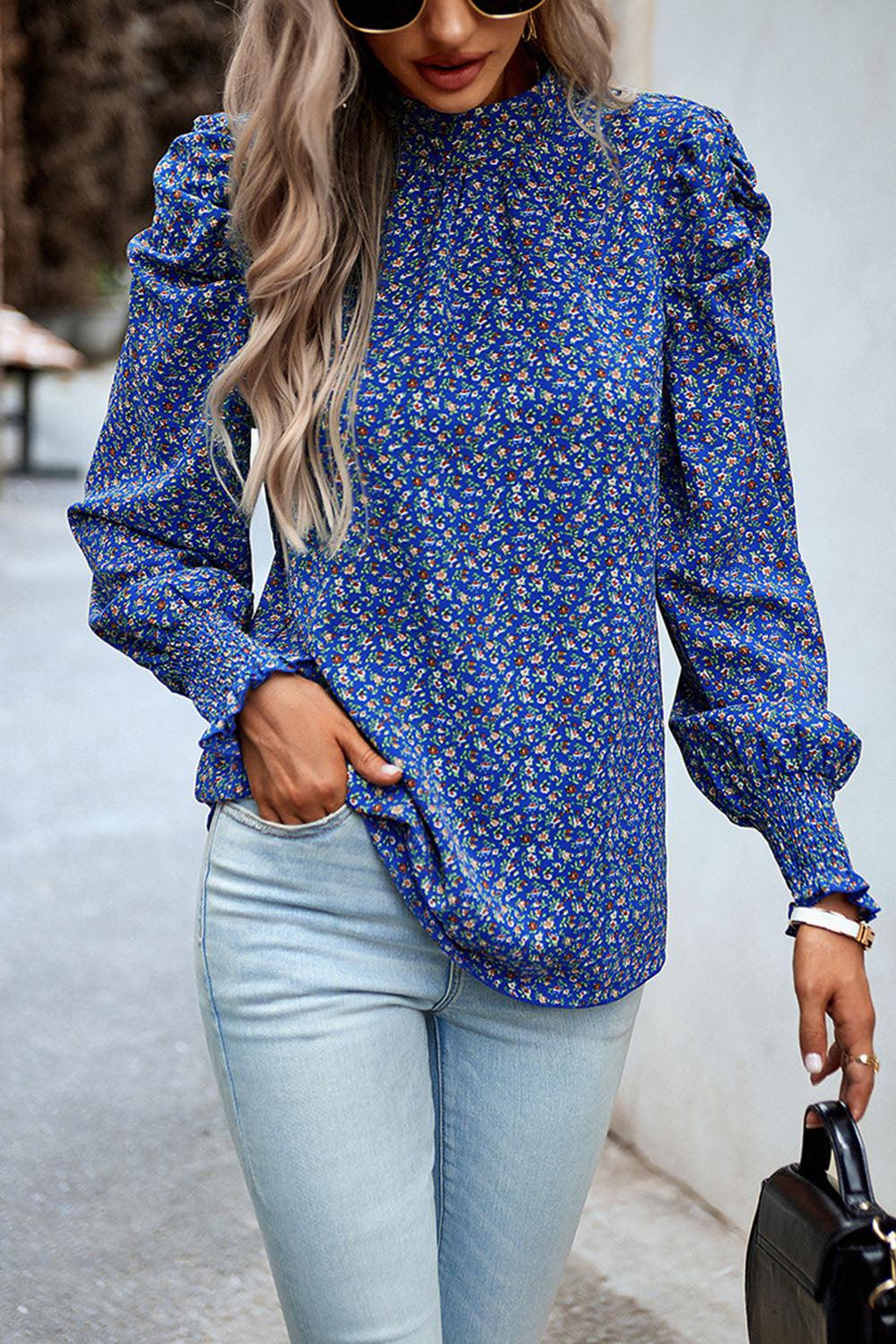 Printed Smocked Puff Sleeve Blouse BLUE ZONE PLANET